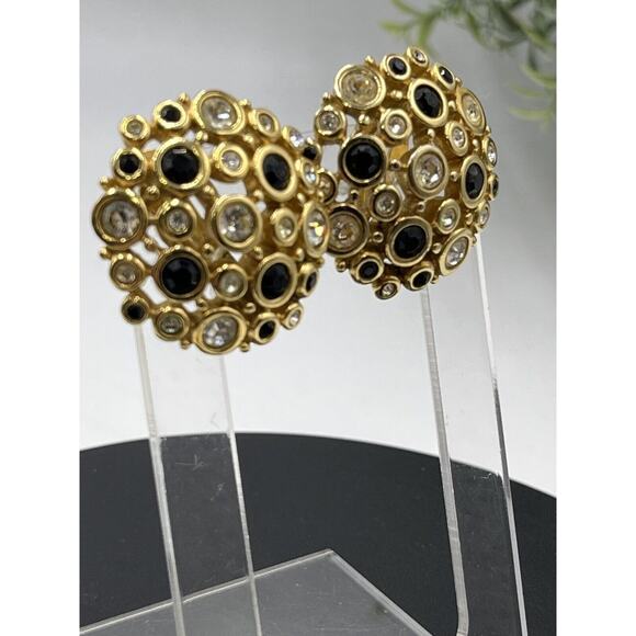 SWAROVSKI Swan Vintage Large Round Black, Clear Crystal Gold Tone Clip Earrings - Picture 3 of 16
